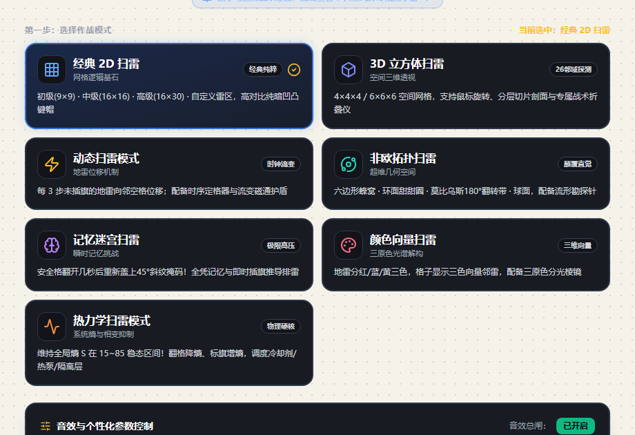 多维扫雷工坊首页的七种模式选择卡片